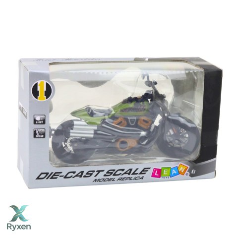 Motocykl Chopper Metalowy Światła Dźwięki Czarny Zielone Elementy 1:12 LEAN TOYS