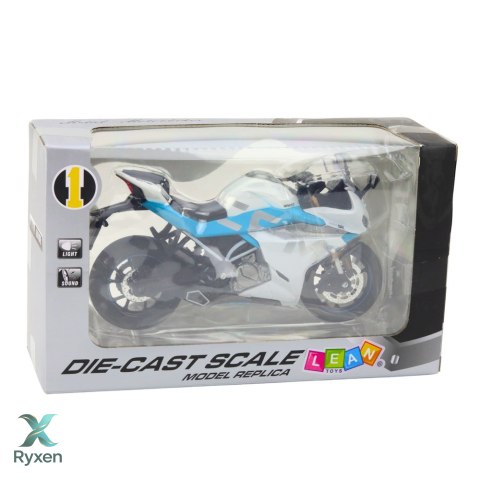 Motocykl Sportowy Metalowy Światła Dźwięki Biało Niebieski 1:12 LEAN TOYS