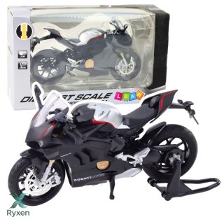 Motocykl Sportowy Metalowy Światła Dźwięki Srebrne Elementy Czarny V4 1:12 LEAN TOYS