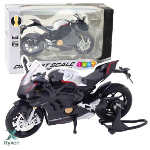Motocykl Sportowy Metalowy Światła Dźwięki Srebrne Elementy Czarny V4 1:12 LEAN TOYS