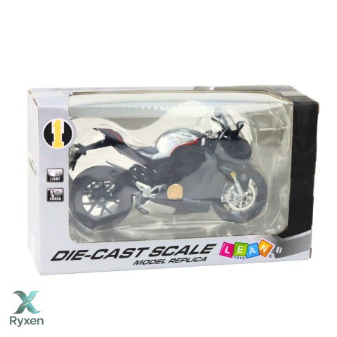 Motocykl Sportowy Metalowy Światła Dźwięki Srebrne Elementy Czarny V4 1:12 LEAN TOYS
