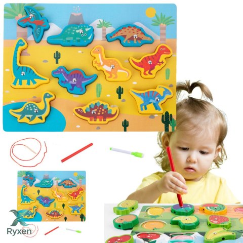Układanka Drewniana Magnesy Sznurek Do Przeplatania Dinozaury LEAN TOYS