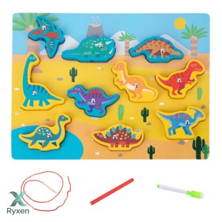 Układanka Drewniana Magnesy Sznurek Do Przeplatania Dinozaury LEAN TOYS