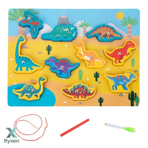 Układanka Drewniana Magnesy Sznurek Do Przeplatania Dinozaury LEAN TOYS