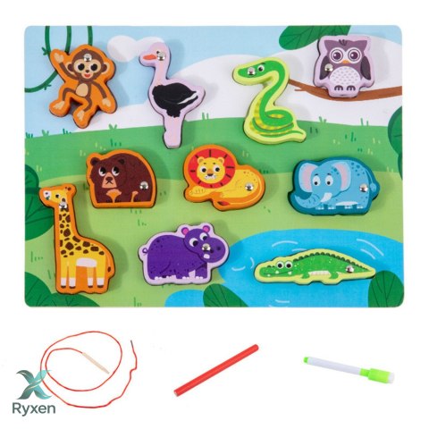 Układanka Drewniana Magnesy Sznurek Do Przeplatania Zwierzątka LEAN TOYS