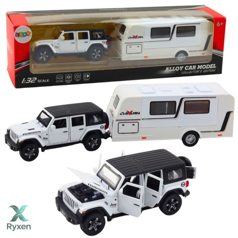 Zestaw Auto Terenowe Kamper Metalowe Napęd Światła Dźwięki Biały 1:32 LEAN TOYS