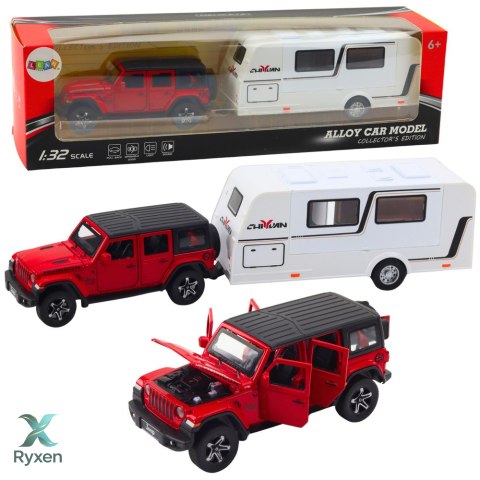 Zestaw Auto Terenowe Kamper Metalowe Napęd Światła Dźwięki Czerwony 1:32 LEAN TOYS