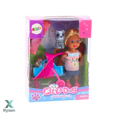 Zestaw Mini Laleczka Wózek Nosidełko Pieski Szary Brązowy LEAN TOYS