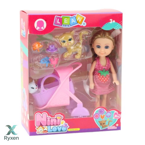 Mini Lalka Z Akcesoriami Wózek Kotki Zestaw Laleczka Różowa LEAN TOYS
