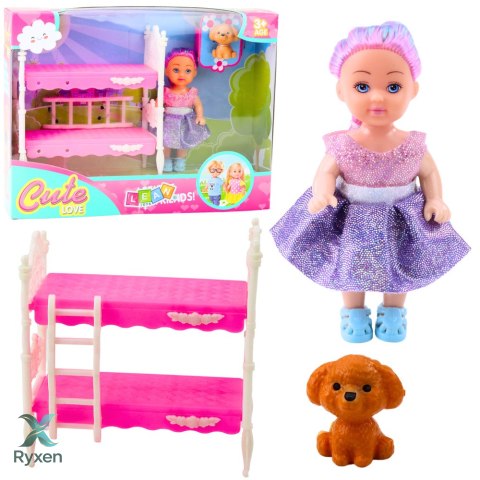 Zestaw Mini Laleczka W Sukience Łóżeczko Dwupiętrowe Piesek LEAN TOYS