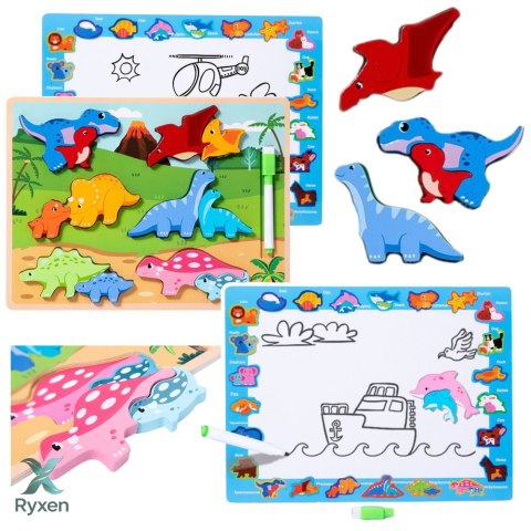 Układanka Tablica 2w1 Drewniana Edukacyjna Pisak Dinozaury 12el LEAN TOYS