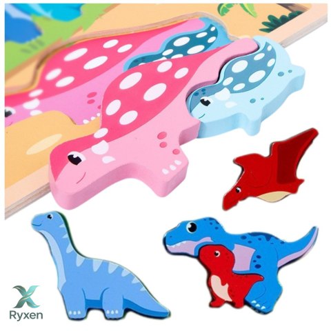 Układanka Tablica 2w1 Drewniana Edukacyjna Pisak Dinozaury 12el LEAN TOYS