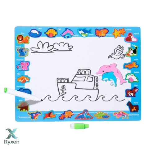 Układanka Tablica 2w1 Drewniana Edukacyjna Pisak Dinozaury 12el LEAN TOYS