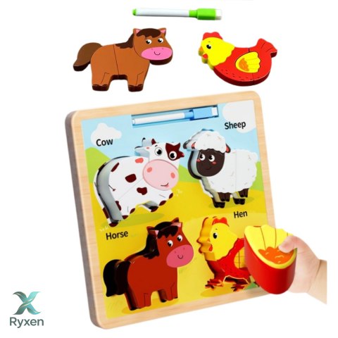 Układanka Tablica 2w1 Drewniana Edukacyjna Zwierzęta Domowe Pisak LEAN TOYS