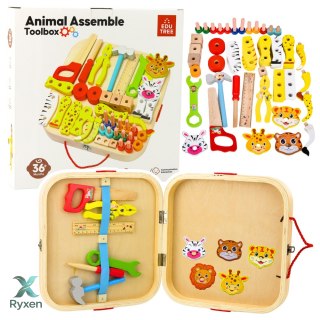 Drewniany Zestaw Majsterkowicza Zwierzęta Do Skręcania W Walizce 59el LEAN TOYS