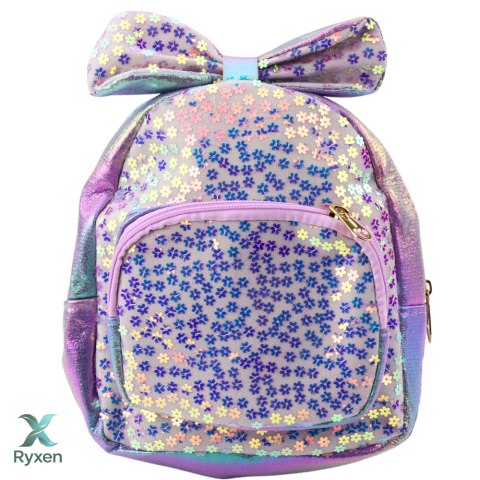 Plecak Dziecięcy Z Cekinami W Kwiatki Kokarda Fioletowy 22cm 2,8L LEAN