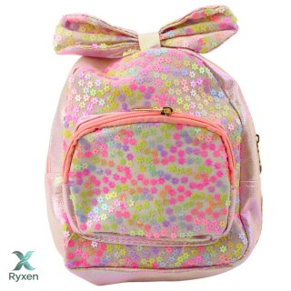 Plecak Dziecięcy Z Cekinami W Kwiatki Kokarda Jasnoróżowy 22cm 2,8L LEAN