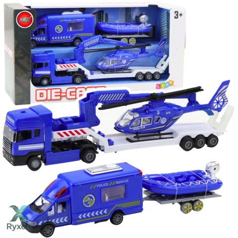 Zestaw Policyjny Samochód Ratunkowy Łódź Ciężarówka Helikopter Niebieski LEAN TOYS