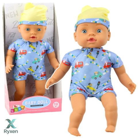 Lalka Bobas Niebieskie Ubranko z Wzorami Czapeczka z Uszami 31cm LEAN TOYS