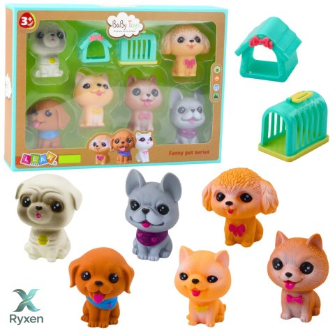 Zestaw Figurek Pieski Gumowe Piszczałka Buda Transporter 6szt LEAN TOYS