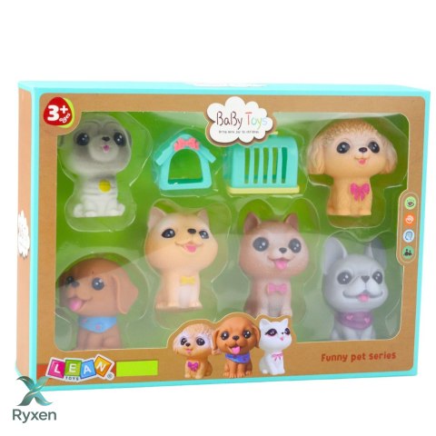 Zestaw Figurek Pieski Gumowe Piszczałka Buda Transporter 6szt LEAN TOYS