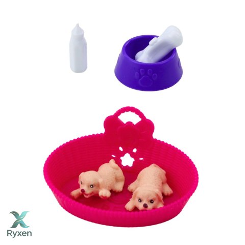 Zestaw Mini Laleczka Z Dwoma Szczeniaczkami Legowisko Miska Butelka LEAN TOYS