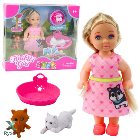 Zestaw Mini Laleczka Z Pieskiem i Kotkiem Legowisko Miska Z Jedzeniem LEAN TOYS
