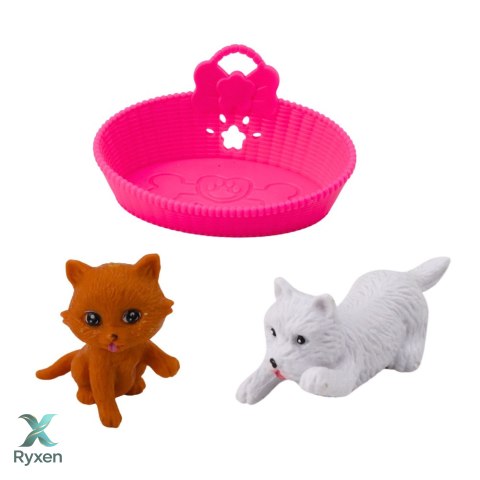 Zestaw Mini Laleczka Z Pieskiem i Kotkiem Legowisko Miska Z Jedzeniem LEAN TOYS