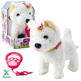 Interaktywny Piesek Z Kokardkami Na Smyczy Chodzi Szczeka Biały LEAN TOYS