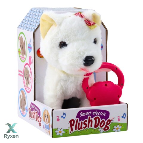 Interaktywny Piesek Z Kokardkami Na Smyczy Chodzi Szczeka Biały LEAN TOYS