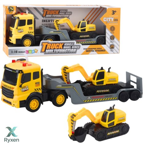 Ciężarówka Laweta Z Koparką Gąsienicową Obrotowa 360° Żółta 1:16 LEAN TOYS