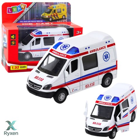 Karetka Ambulans Metalowy Z Napędem Pull Back Światła Dźwięki Biały 1:32 LEAN TOYS