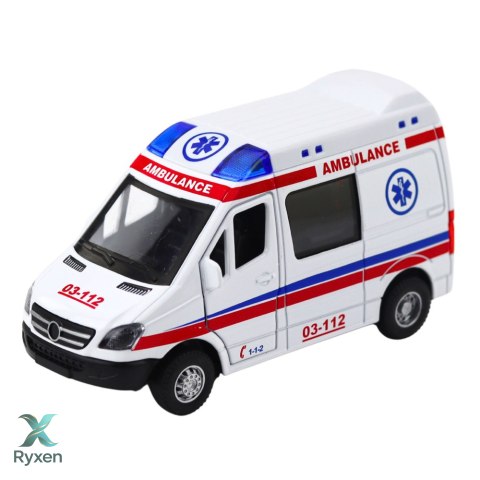 Karetka Ambulans Metalowy Z Napędem Pull Back Światła Dźwięki Biały 1:32 LEAN TOYS
