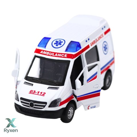 Karetka Ambulans Metalowy Z Napędem Pull Back Światła Dźwięki Biały 1:32 LEAN TOYS
