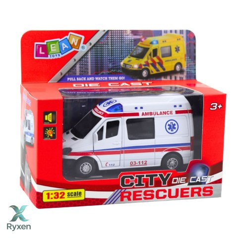 Karetka Ambulans Metalowy Z Napędem Pull Back Światła Dźwięki Biały 1:32 LEAN TOYS