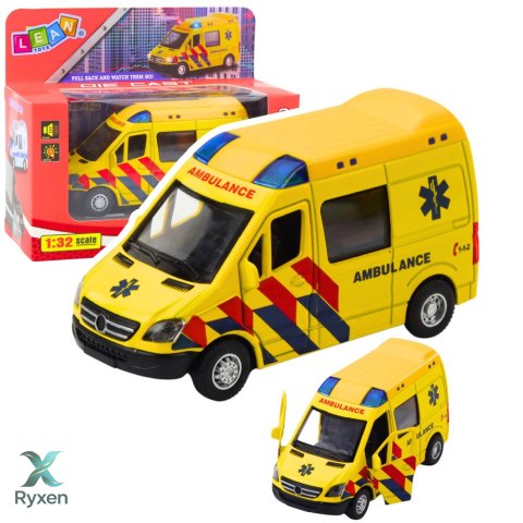 Karetka Ambulans Metalowy Z Napędem Pull Back Światła Dźwięki Żółty 1:32 LEAN TOYS