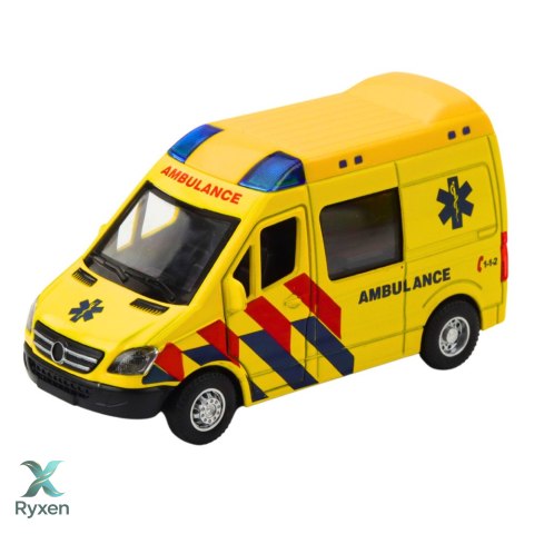 Karetka Ambulans Metalowy Z Napędem Pull Back Światła Dźwięki Żółty 1:32 LEAN TOYS