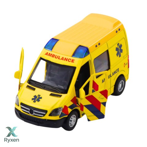Karetka Ambulans Metalowy Z Napędem Pull Back Światła Dźwięki Żółty 1:32 LEAN TOYS