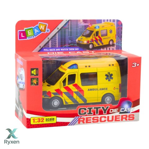 Karetka Ambulans Metalowy Z Napędem Pull Back Światła Dźwięki Żółty 1:32 LEAN TOYS