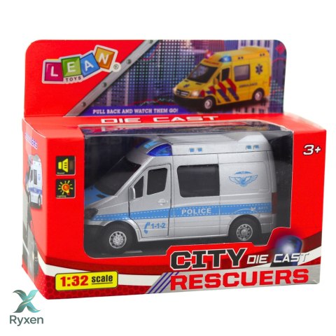 Samochód Policyjny Metalowy Z Napędem Pull Back Światła Dźwięki 1:32 LEAN TOYS