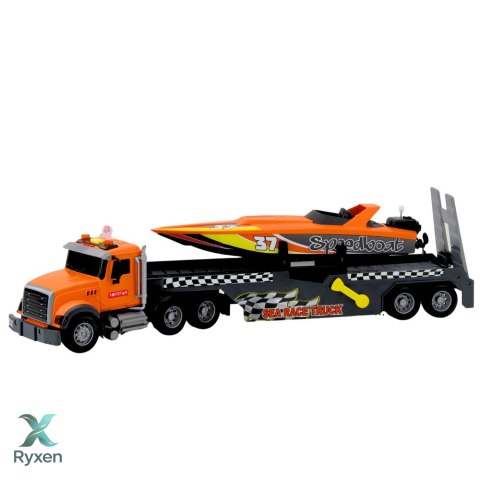 Zestaw Ciężarówka z Nakręcaną Motorówką Światła Dźwięki Pomarańczowa LEAN TOYS