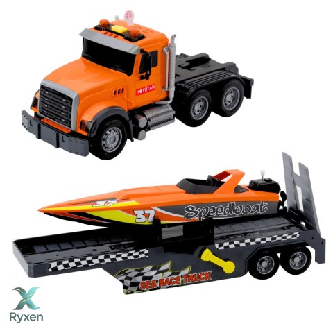 Zestaw Ciężarówka z Nakręcaną Motorówką Światła Dźwięki Pomarańczowa LEAN TOYS
