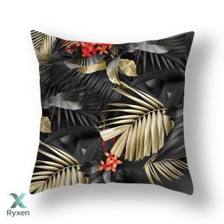 Poszewka na poduszkę 45x45 cm - czarno-złota LIŚCIE I KWIATY Kamai
