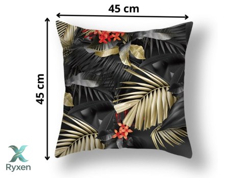 Poszewka na poduszkę 45x45 cm - czarno-złota LIŚCIE I KWIATY Kamai