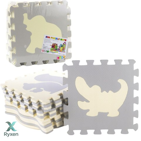 Miękkie Puzzle Mata Edukacyjna Zwierzęta Pianka EVA Beżowe Szare 9 el. LEAN TOYS