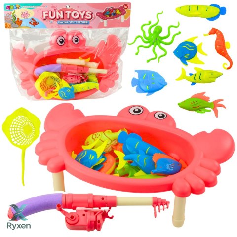 Zestaw Do Łowienia Rybek Stolik Krab 10 Rybek Wędka Sitko Różowy LEAN TOYS