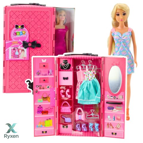 Zestaw Lalka Z Szafą Akcesoria Różowa Ubrania Dodatki Moda Przebieranki LEAN TOYS