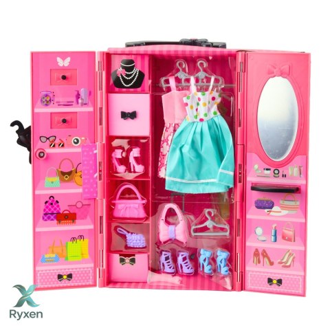 Zestaw Lalka Z Szafą Akcesoria Różowa Ubrania Dodatki Moda Przebieranki LEAN TOYS