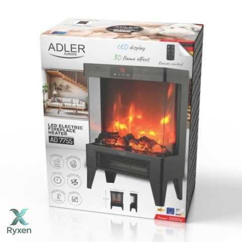AD 7755 Kominek elektryczny led z pilotem | 3d efekt płomienia | 2 moce grzania 1000w/2000w | termostat ADLER