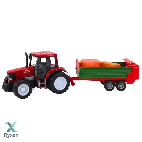 Traktor Rolniczy Farmerski Z Zieloną Przyczepą i Sianem Czerwony 62cm LEAN TOYS